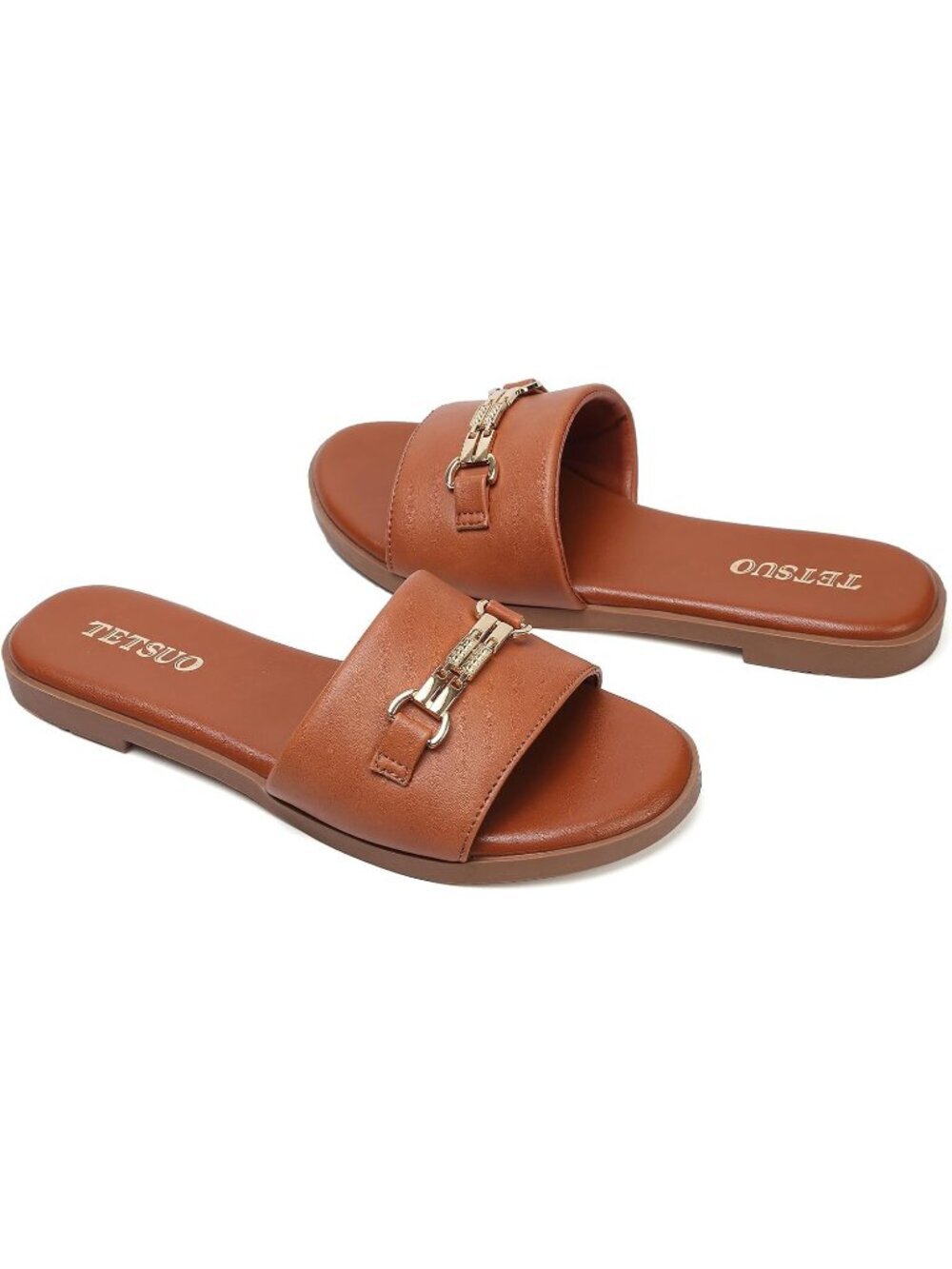 Women's Sandals Dressy Slide Sandals Light Brown Open Toe Slip On Flat Sandals - Picture 5 of 5